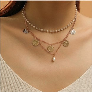 Multi-layered Pearl Pendant Necklace Gold Alloy Necklace