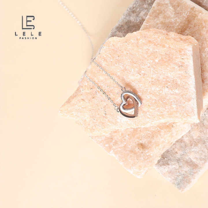 Double Heart Rose and Silver Sterling Silver Necklace
