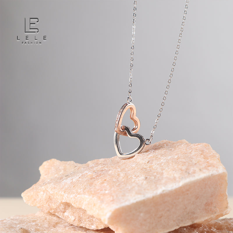 Double Heart Rose and Silver Sterling Silver Necklace
