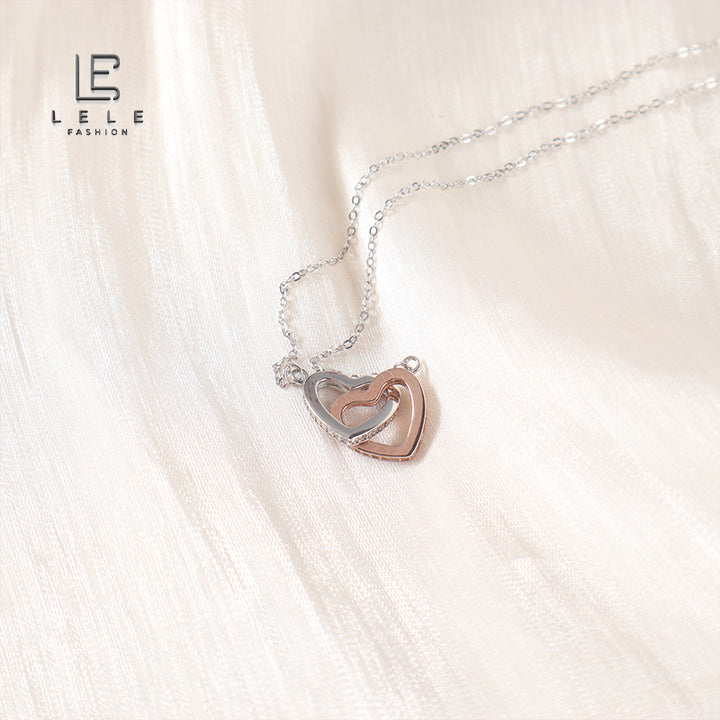 Double Heart Rose and Silver Sterling Silver Necklace