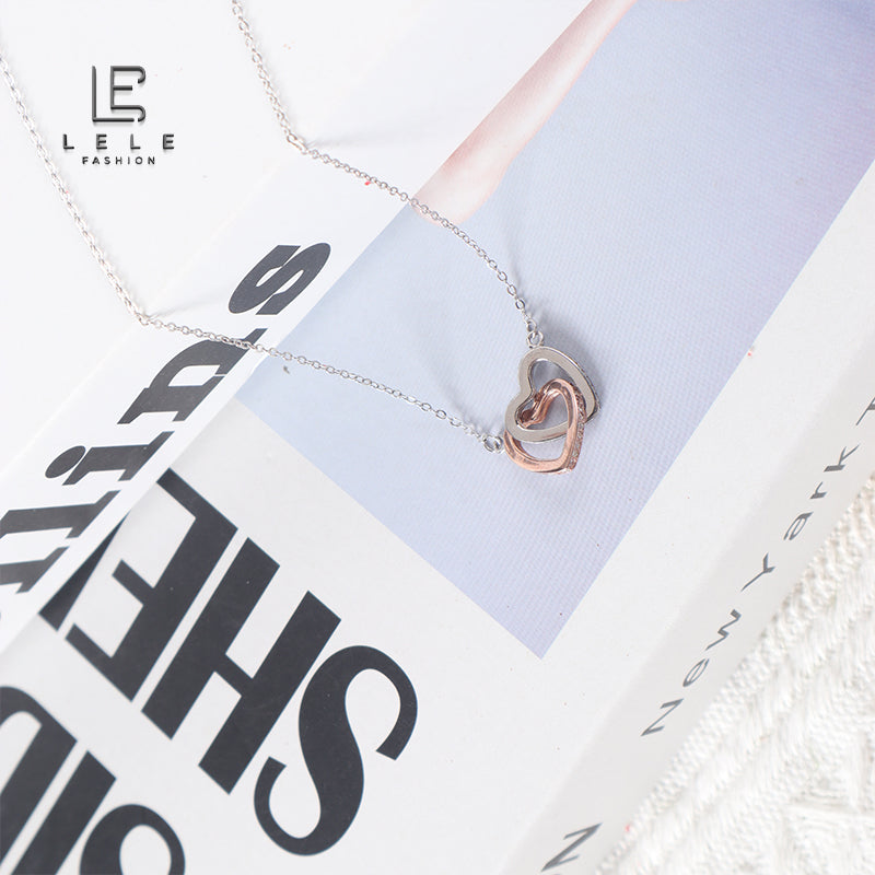 Double Heart Rose and Silver Sterling Silver Necklace