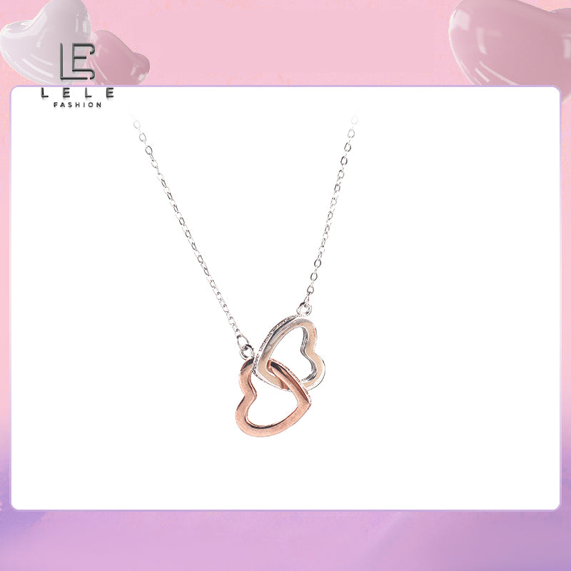 Double Heart Rose and Silver Sterling Silver Necklace