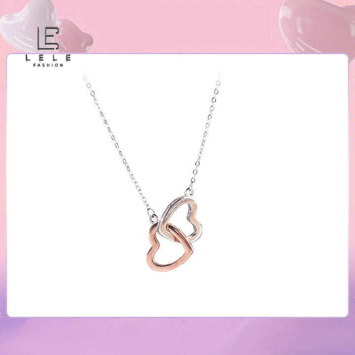 Double Heart Rose and Silver Sterling Silver Necklace