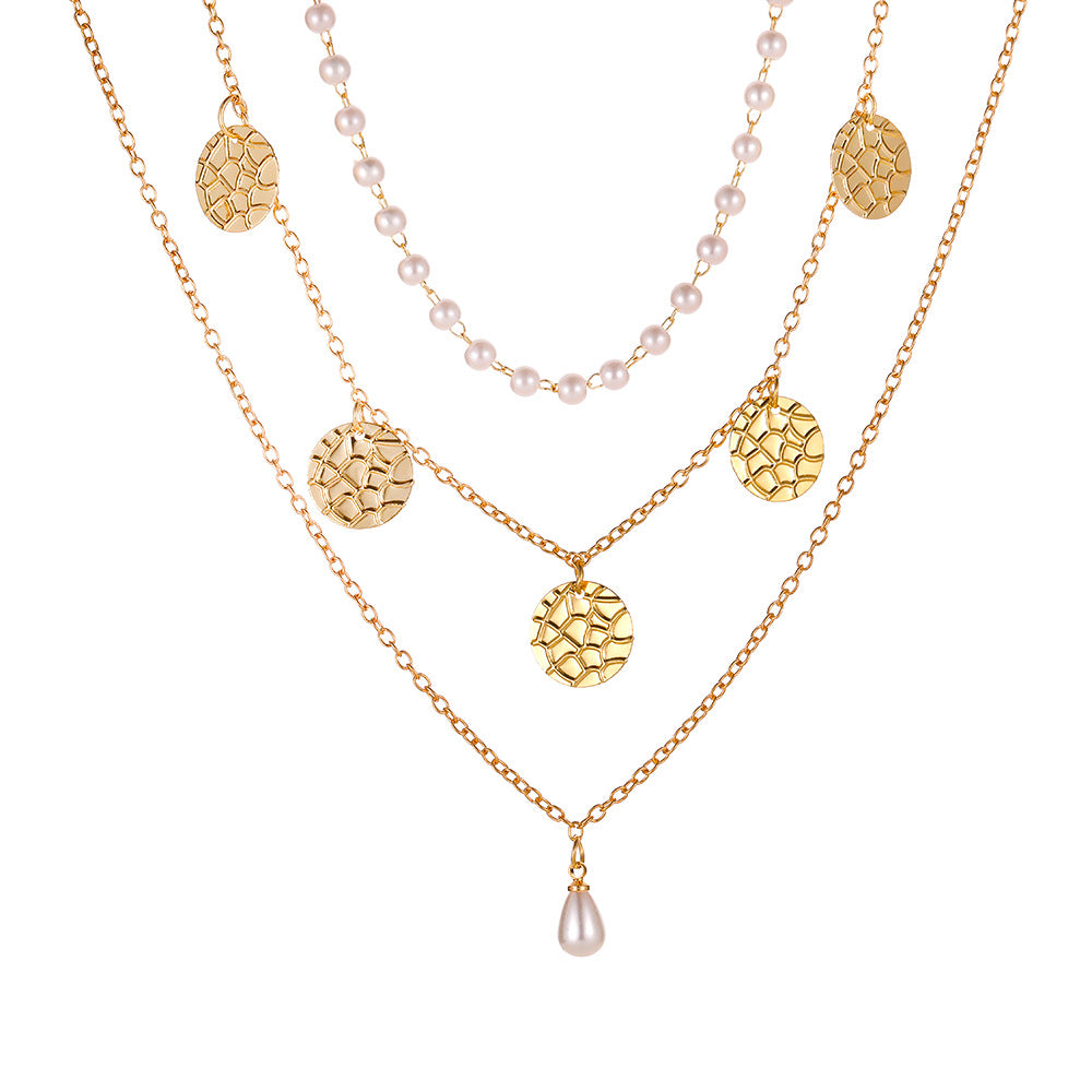 Multi-layered Pearl Pendant Necklace Gold Alloy Necklace