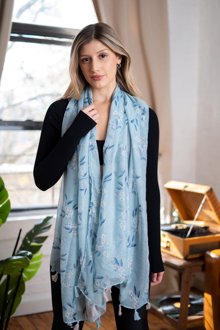Floral Tassel Scarf | Baby Blue Scarf | LELE Fashion