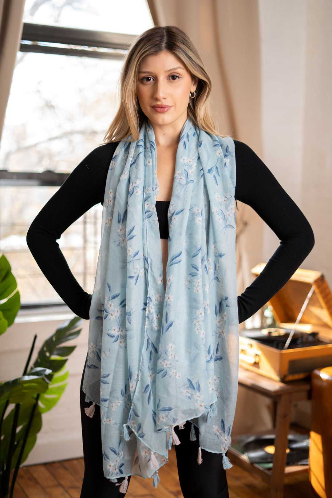 Baby Blue Floral Tassel Scarf Baby Blue Floral Tassel Scarf Baby Blue Floral Tassel Scarf