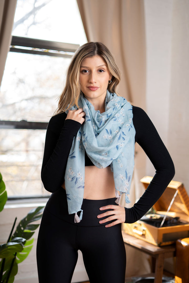 Baby Blue Floral Tassel Scarf Baby Blue Floral Tassel Scarf Baby Blue Floral Tassel Scarf