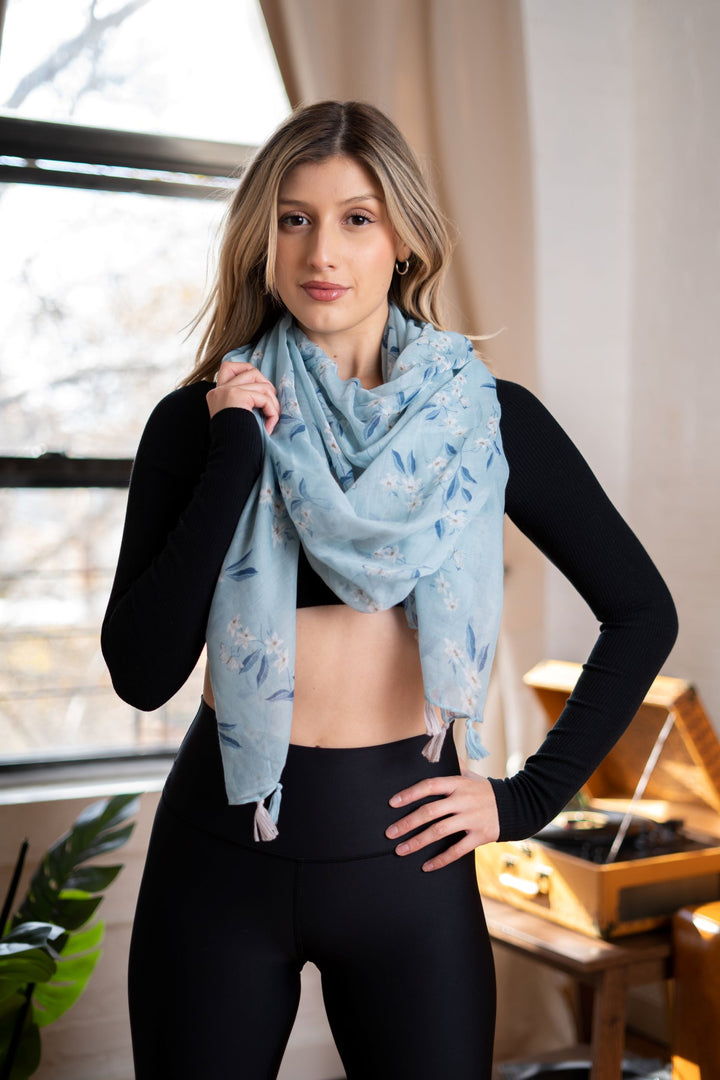 Floral Tassel Scarf | Baby Blue Scarf | LELE Fashion