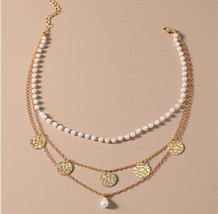 Multi-layered Pearl Pendant Necklace Gold Alloy Necklace