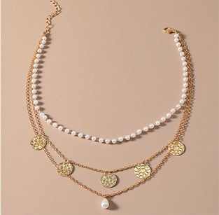 Multi-layered Pearl Pendant Necklace Gold Alloy Necklace