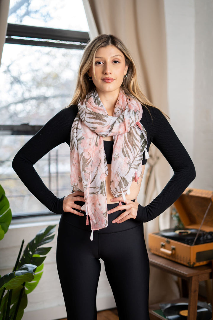 Tropical Tassel Scarf | Pink Floral Scarf | LELE Fashion