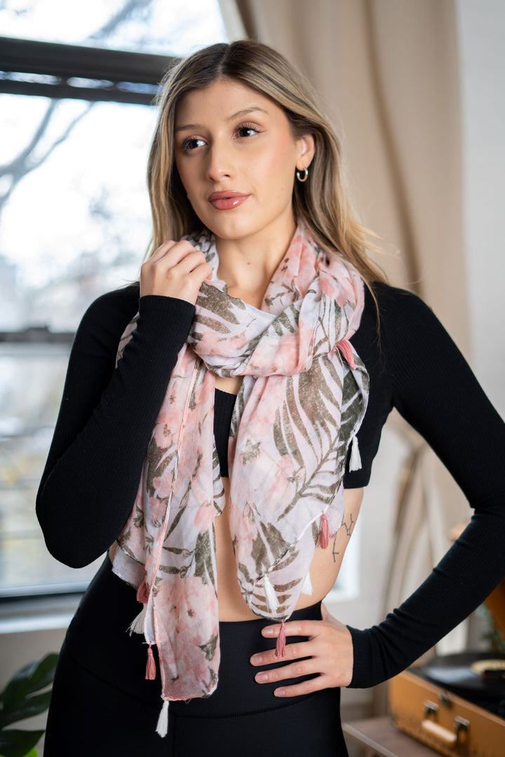 Tropical Tassel Scarf | Pink Floral Scarf | LELE Fashion